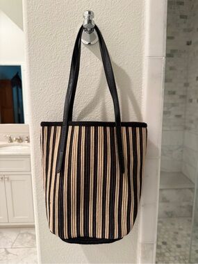 Zara Black and Cream Vertical-Strip Tote with separate insert pouch!